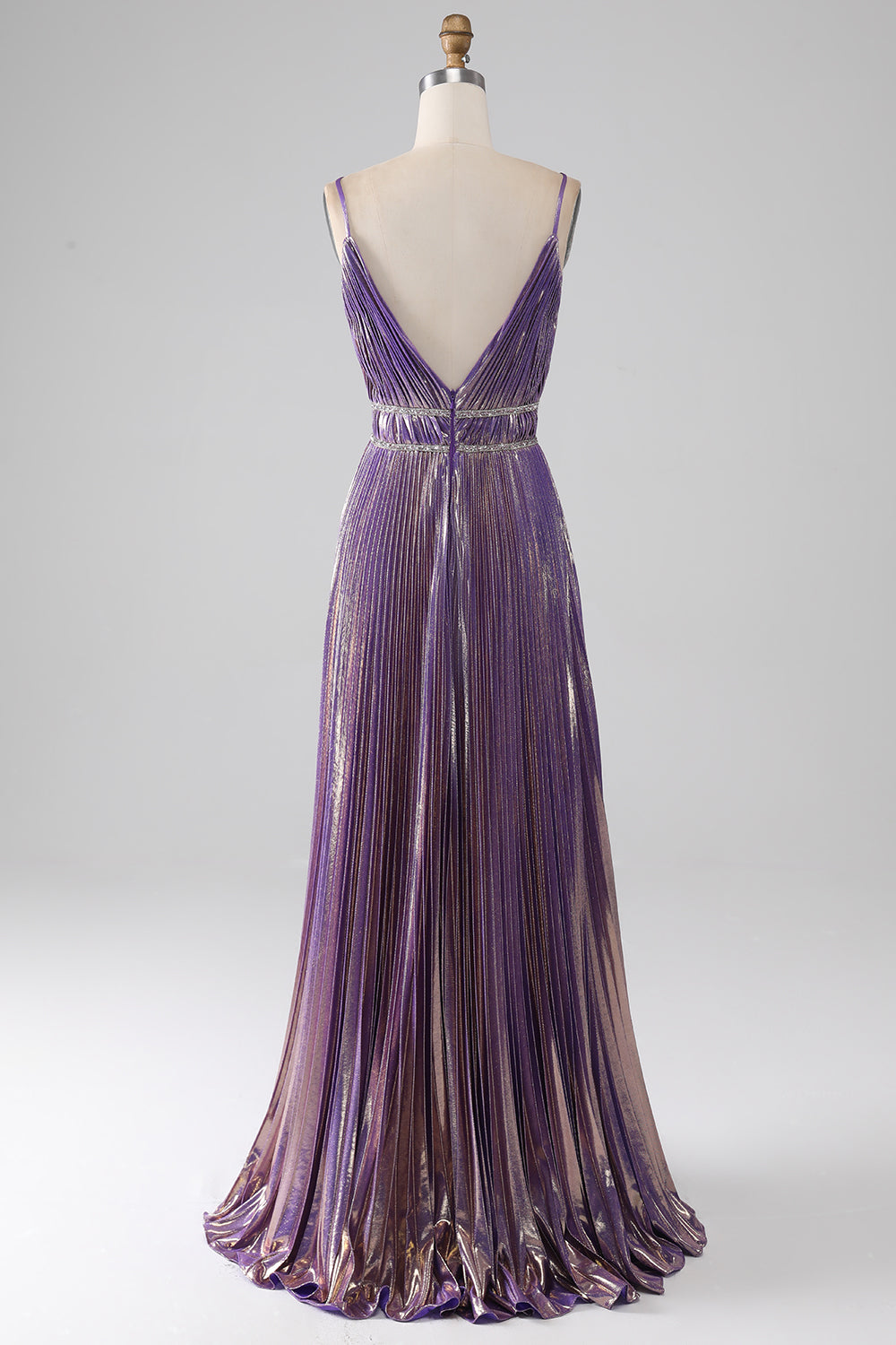 Luolandi Glitter Purple A-Line Spaghetti Straps V Neck Pleated Backless Prom Dress Sexy Evening Dresses
